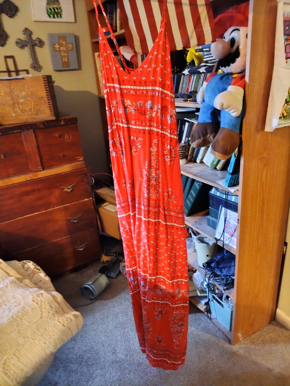 Spaghetti Strap Red Paisley Maxi Dress